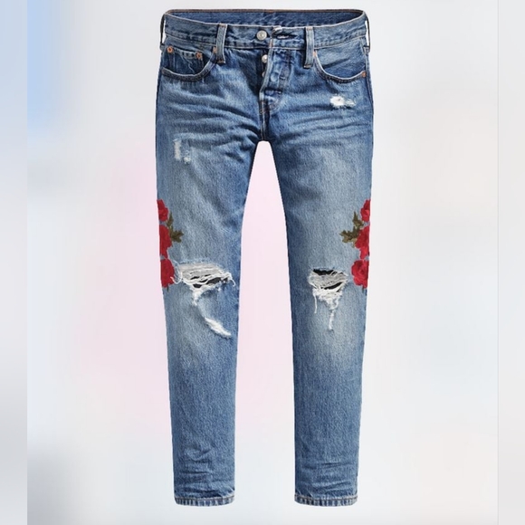 Levi's Denim - Levi's 501 "Custom Blues" Distressed Jeans with Floral Embroidery 27